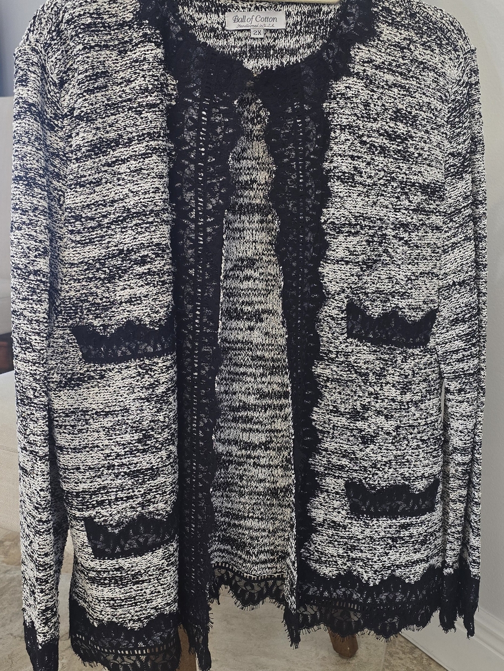 Ball of Cotton Black & White Lace-Trim Open Cardigan